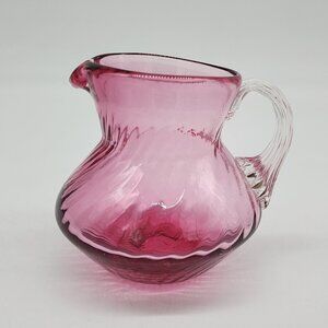 Vintage Cranberry Pink Glass Mini Creamer Pitcher With Ribbed Handle